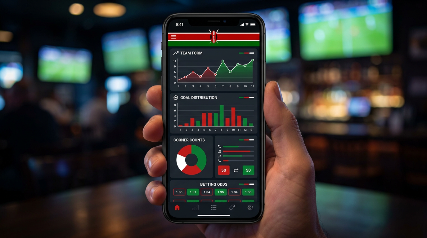 Data charts and statistics dashboard showing Kenya Premier League team form, goals scored, and betting odds on a mobile phone