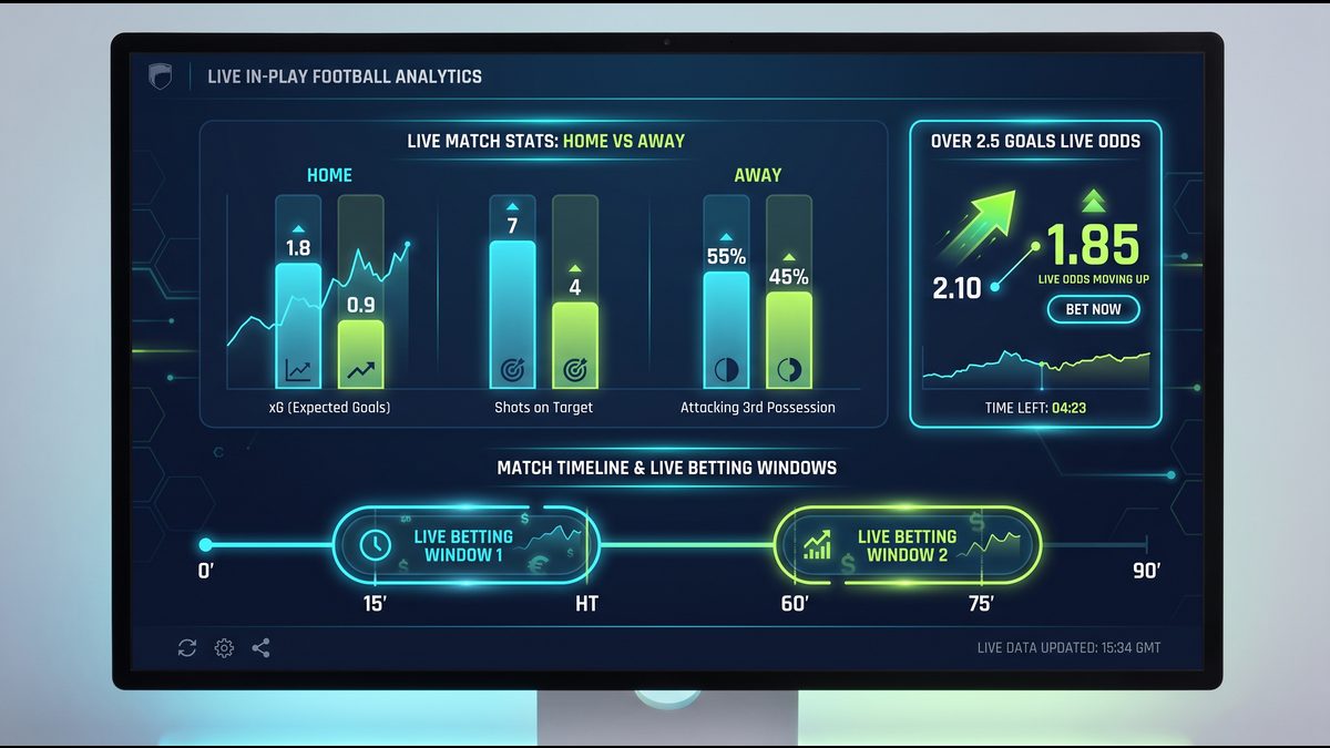 Dark-themed in-play football statistics dashboard comparing home and away xG, shots on target, and live over 2.5 goals odds