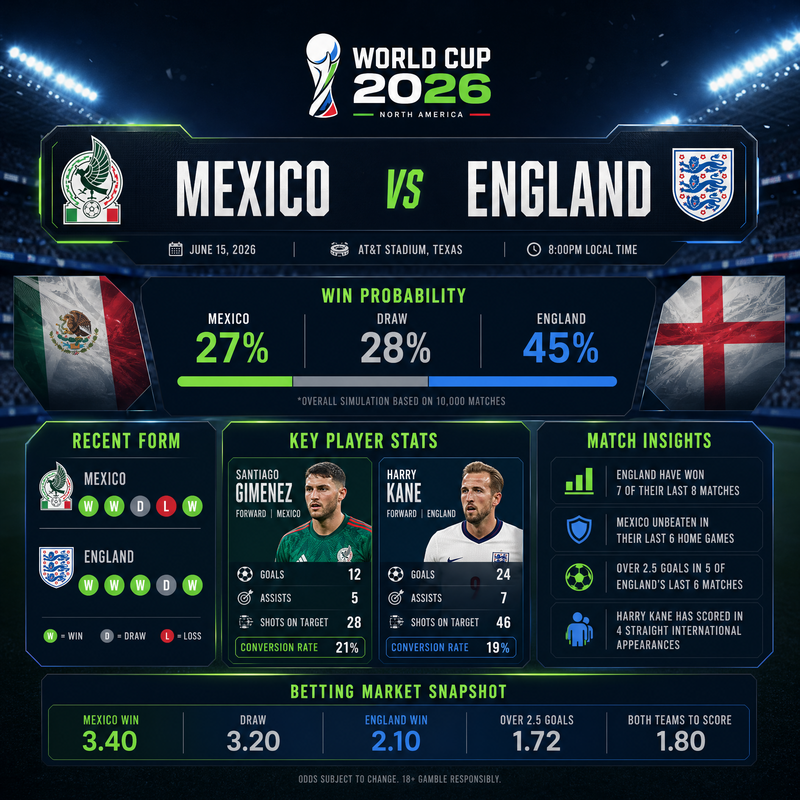 Mexico and England players competing for the ball during a World Cup knockout match at Estadio Azteca