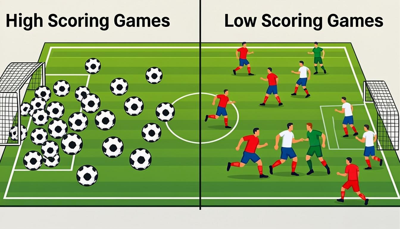 Side-by-side comparison of high-scoring versus low-scoring football matches on split pitches, illustrating the visual difference between over and under 2.5 goal results