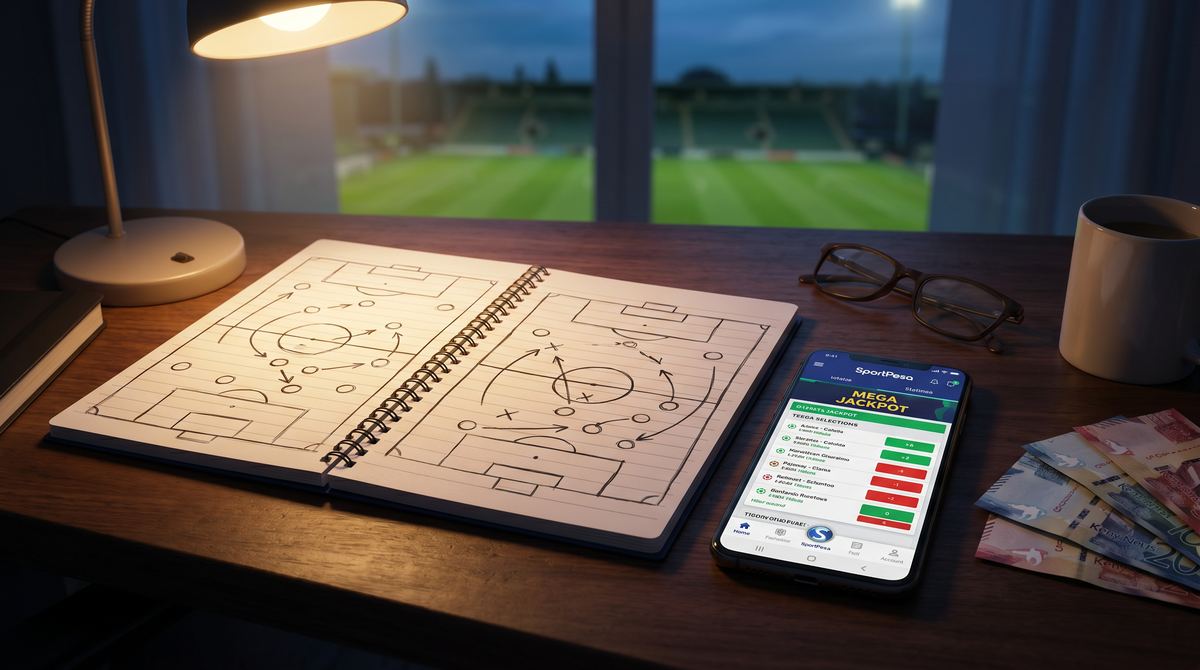 Football tactics notebook open on a desk beside a smartphone showing the SportPesa app and Kenyan shilling notes for bankroll tracking