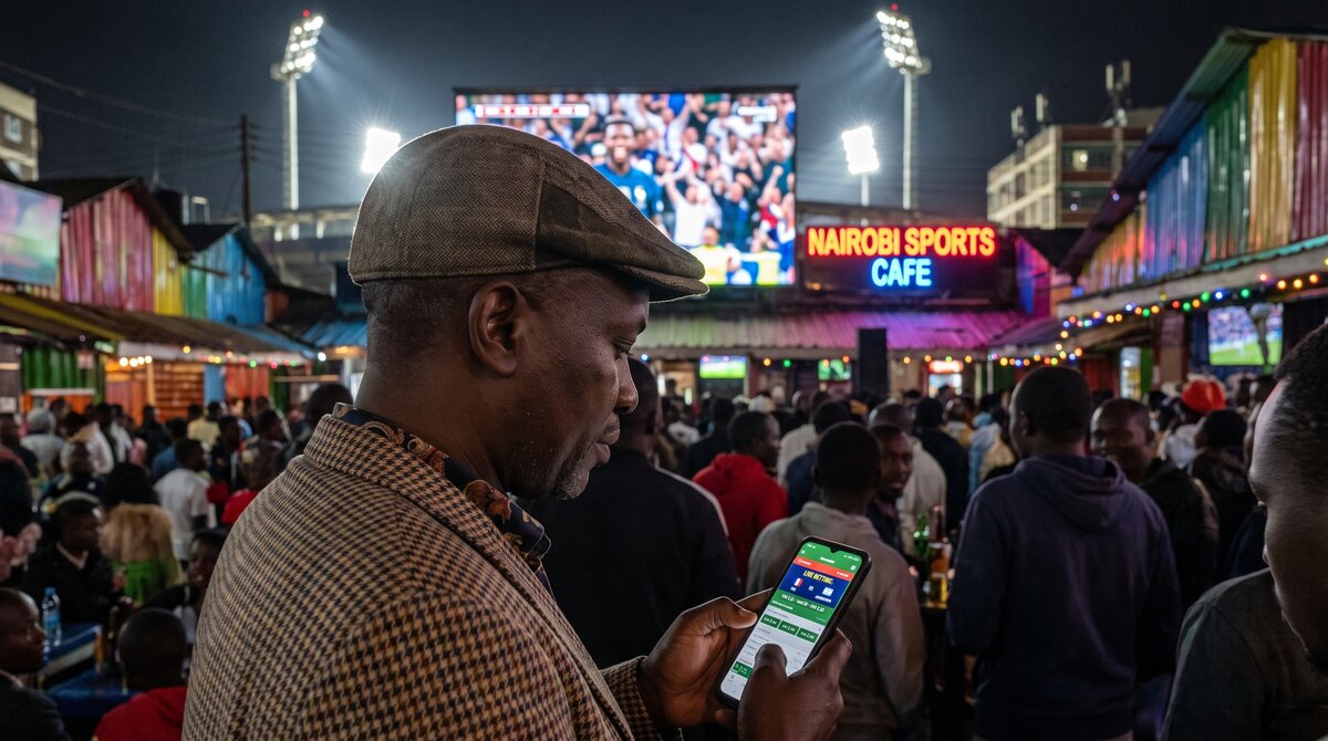 Kenyan punter placing a live bet on World Cup 2026 knockout match using a smartphone, with match statistics and betting odds visible on screen