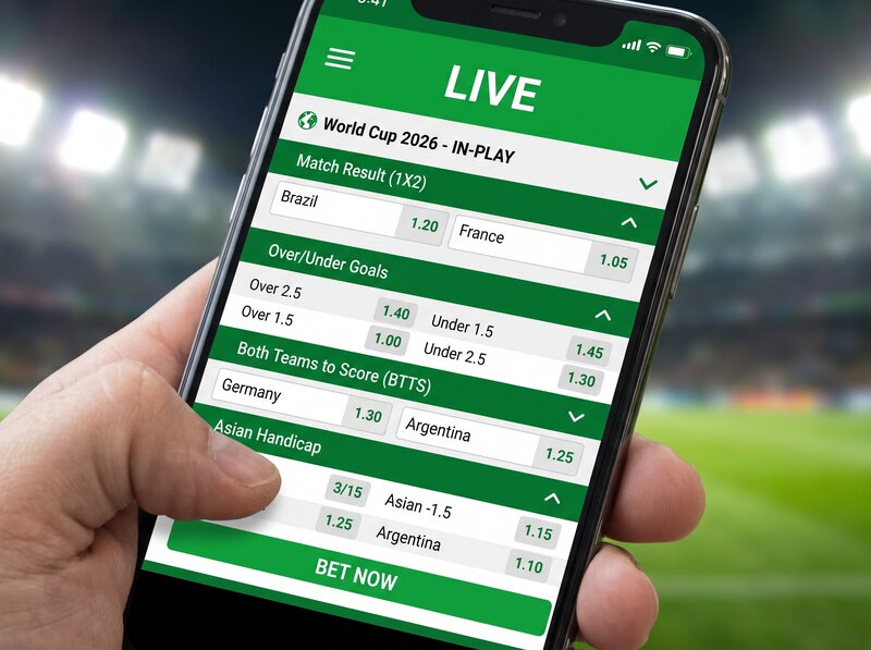 Close-up of a mobile betting interface showing live World Cup 2026 knockout match odds with in-play betting markets including Over/Under goals, Both Teams to Score and Asian Handicap
