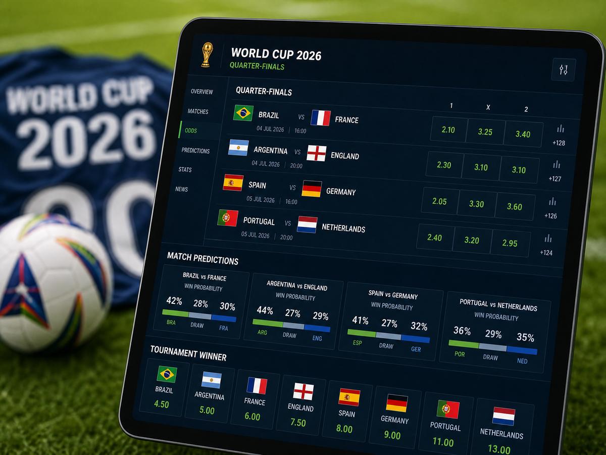 A tablet displaying World Cup 2026 quarter-final odds and betting predictions interface