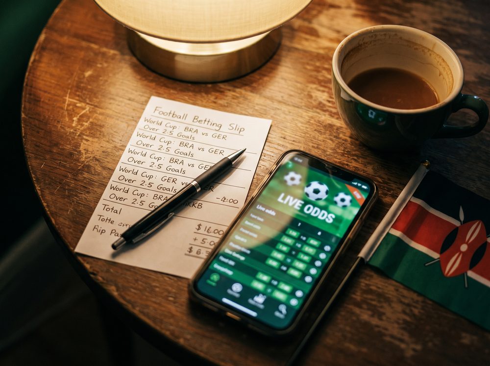 Football betting slip beside smartphone showing World Cup odds on a wooden table with Kenyan chai