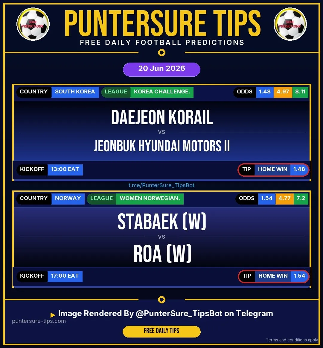 Puntersure Tips Telegram Bot interface showing free football predictions