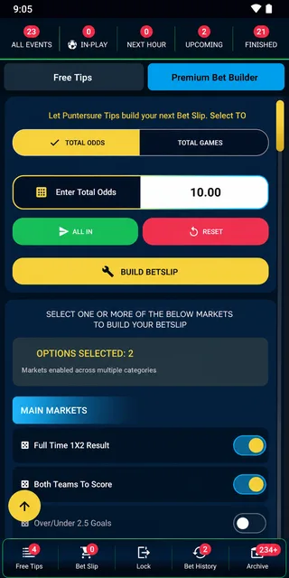 Puntersure Tips prediction slip builder screen showing multi-selection picks