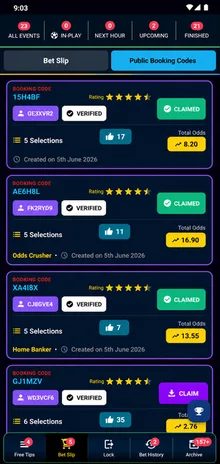 Puntersure Tips public booking codes screen showing user predictions and leaderboard