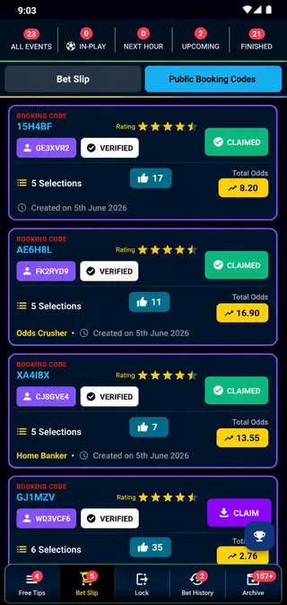 Puntersure Tips public booking codes screen showing user predictions and leaderboard